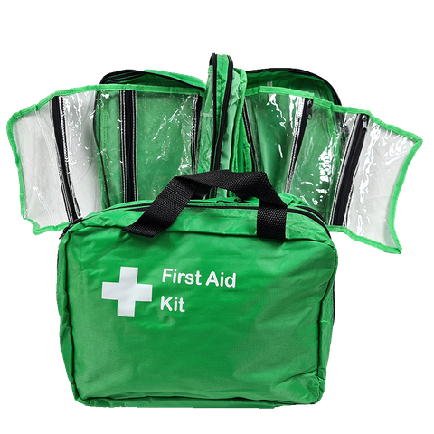 First Aid Bag Soft Pack, Green, 2 X Large sewn together, 6 Clear Fold Out Sleeves & Handles