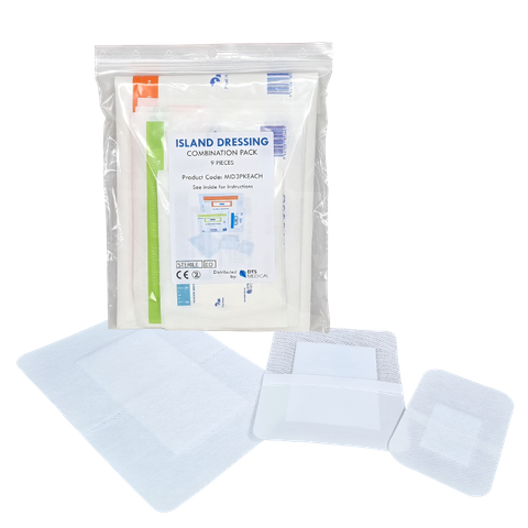 Island Dressing Adhesive Non Woven Pack, Contains 3 of each size dressing Sterile (3 of 7.5x5cm) (3 of 8x10cm) (3 of 10x15cm)