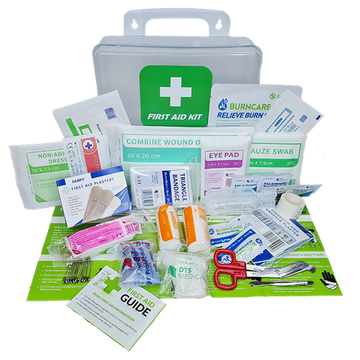 First Aid Kit designed for Tradies in clear plastic wall mount box