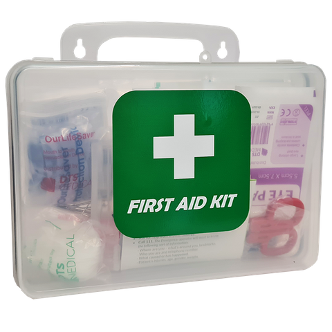 First Aid Kit designed for Tradies in clear plastic wall mount box