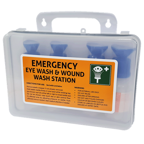 Eye Wash Station 03 Clear Wall Mountable Plastic Box with 4 100ml eye wash ready to use bottles and mirror