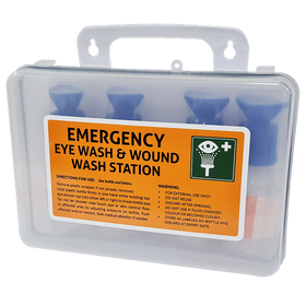 Eye Wash Station 03 Clear Wall Mountable Plastic Box with 4 100ml eye wash ready to use bottles and mirror