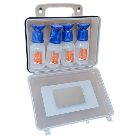 Eye Wash Station 03 Clear Wall Mountable Plastic Box with 4 100ml eye wash ready to use bottles and mirror