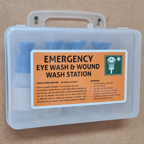 Eye Wash Station 03 Clear Wall Mountable Plastic Box with 4 100ml eye wash ready to use bottles and mirror